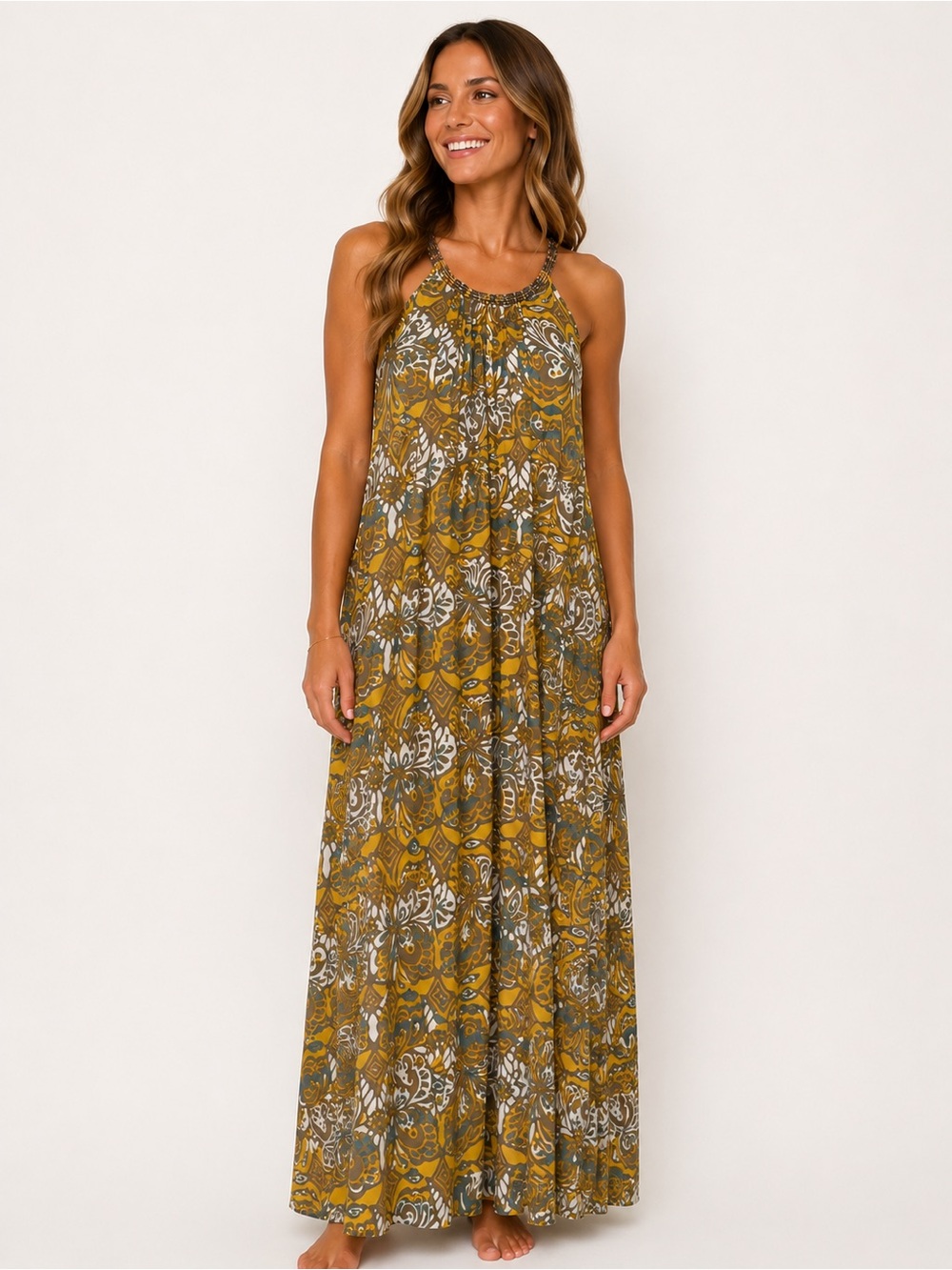 C. Embellished Paisley Floral Maxi Dress Small Boho Resort